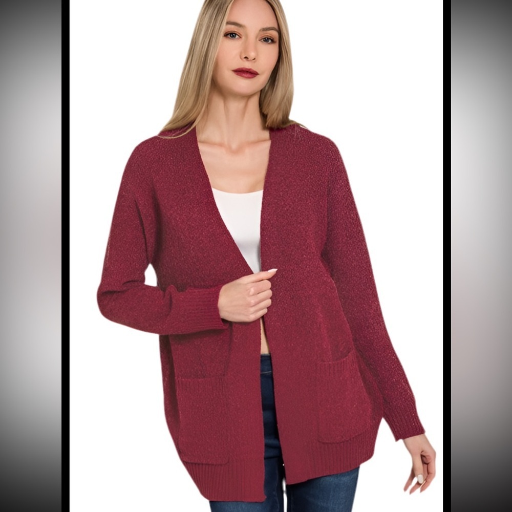 Women's Burgundy Open Front Sweater